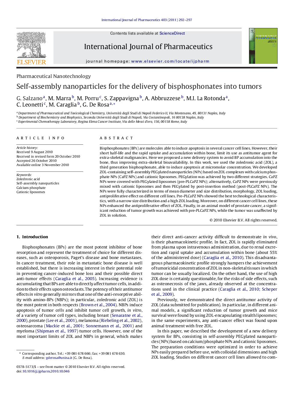 Pharmaceutical NanotechnologySelf-assembly nanoparticles for the delivery of bisphosphonates into tumors