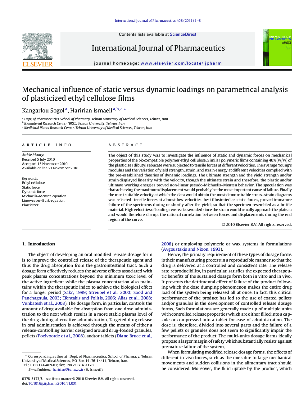 Mechanical influence of static versus dynamic loadings on parametrical analysis of plasticized ethyl cellulose films