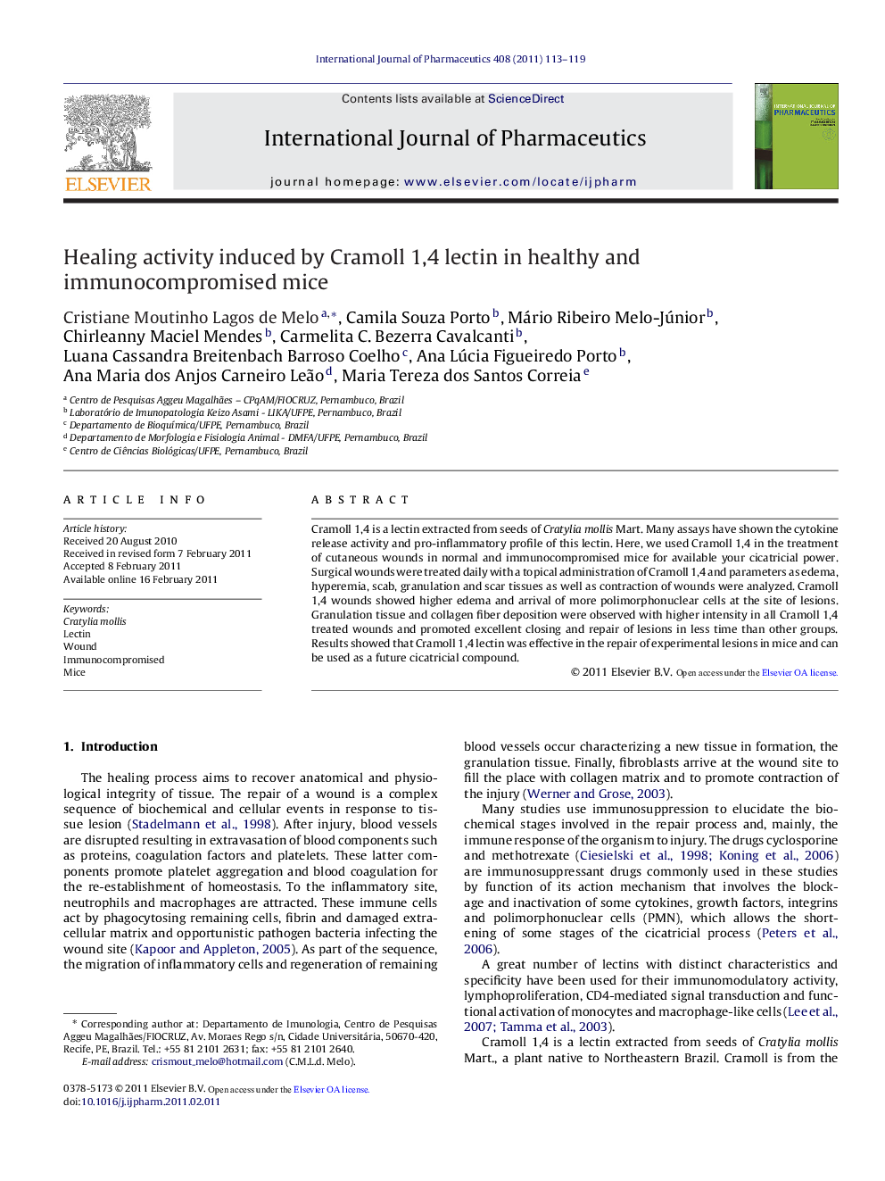 Healing activity induced by Cramoll 1,4 lectin in healthy and immunocompromised mice