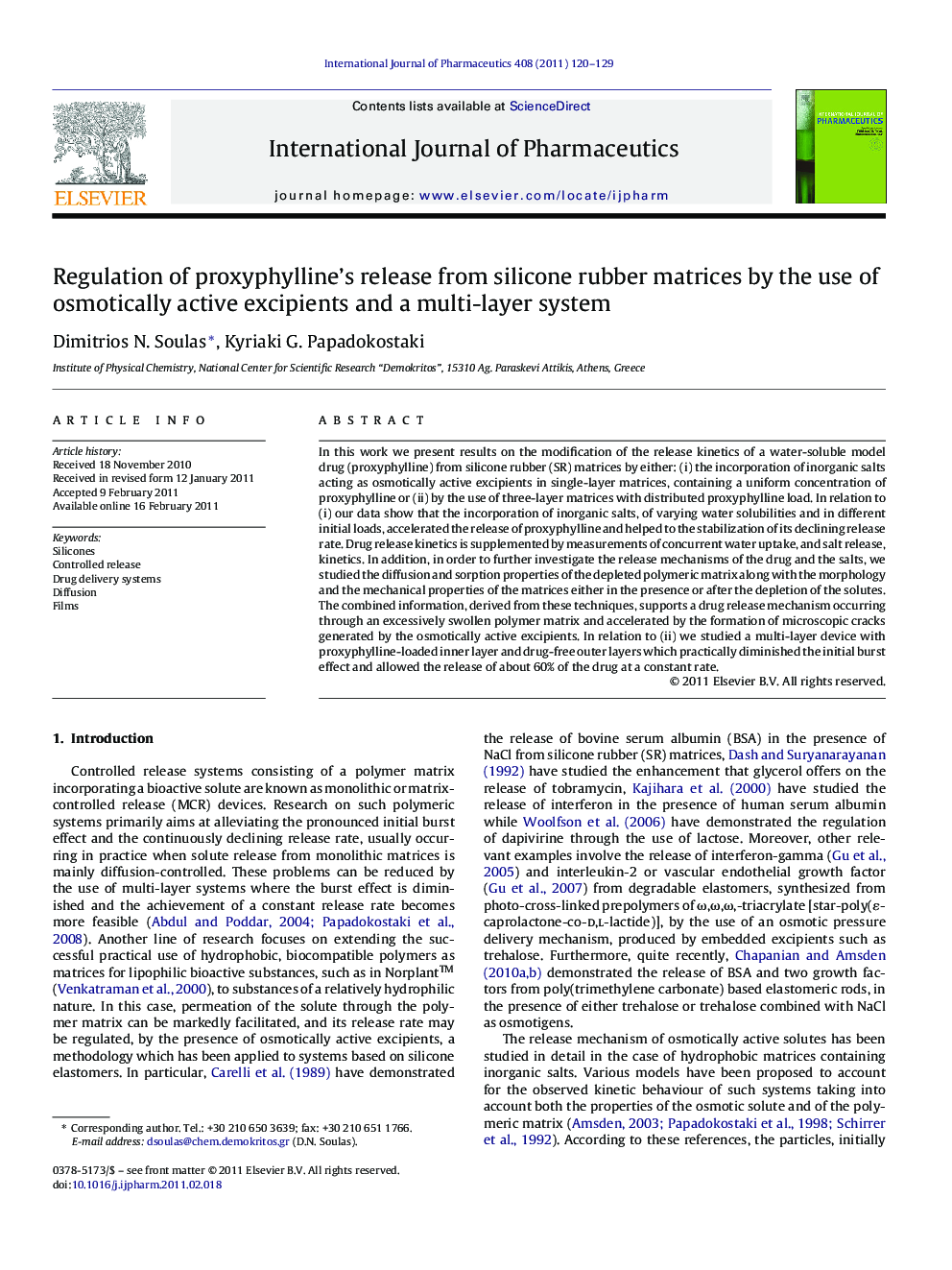 Regulation of proxyphylline's release from silicone rubber matrices by the use of osmotically active excipients and a multi-layer system