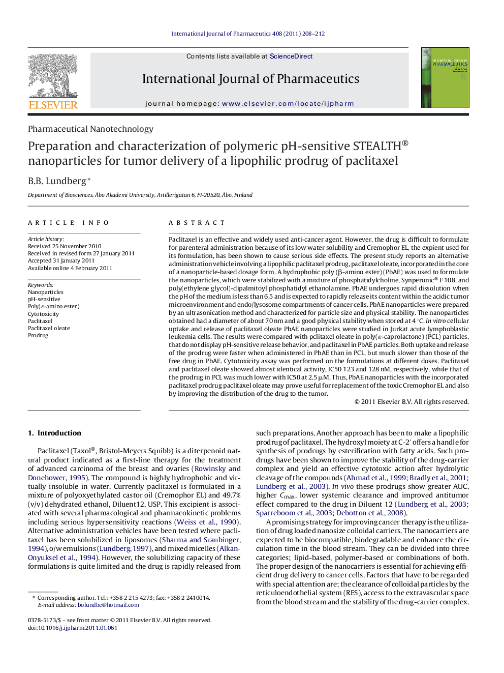 Preparation and characterization of polymeric pH-sensitive STEALTH® nanoparticles for tumor delivery of a lipophilic prodrug of paclitaxel