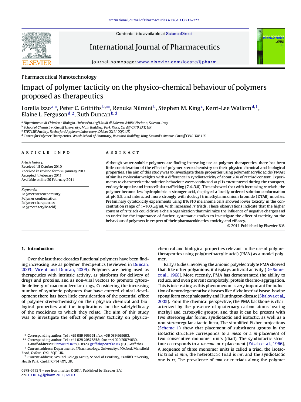 Impact of polymer tacticity on the physico-chemical behaviour of polymers proposed as therapeutics