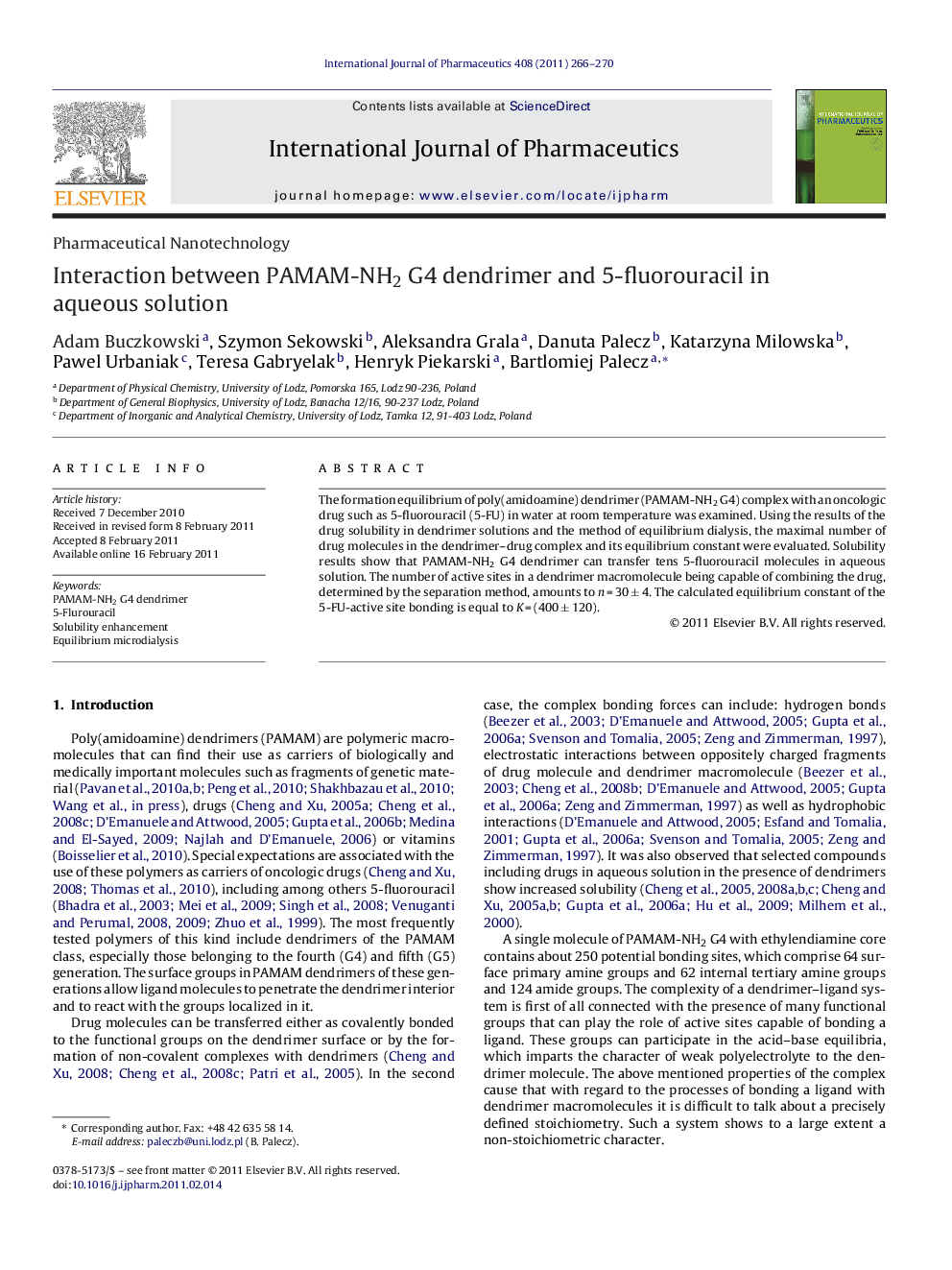 Interaction between PAMAM-NH2 G4 dendrimer and 5-fluorouracil in aqueous solution