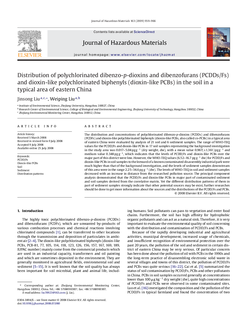 Distribution of polychlorinated dibenzo-p-dioxins and dibenzofurans (PCDDs/Fs) and dioxin-like polychlorinated biphenyls (dioxin-like PCBs) in the soil in a typical area of eastern China