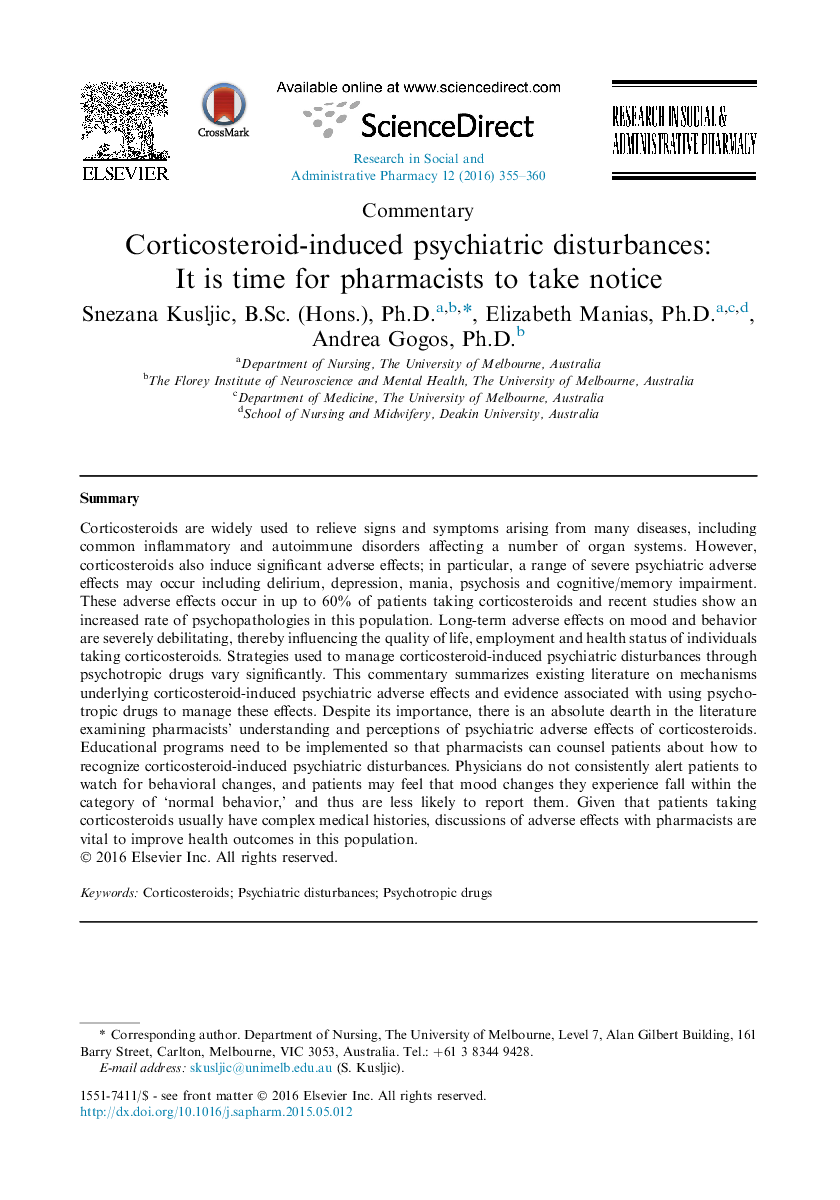 CommentaryCorticosteroid-induced psychiatric disturbances: It is time for pharmacists to take notice