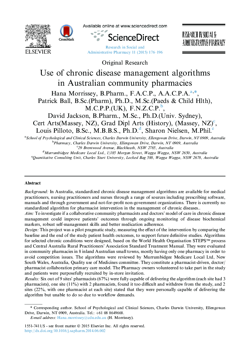 Original ResearchUse of chronic disease management algorithms in Australian community pharmacies