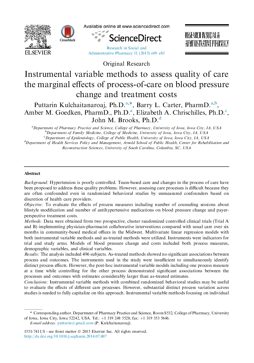 Instrumental variable methods to assess quality of care the marginal effects of process-of-care on blood pressure change and treatment costs