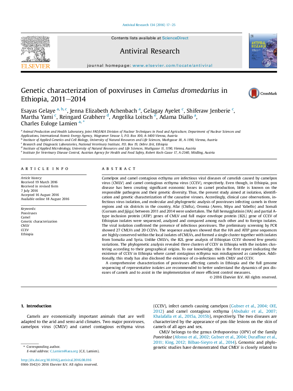 Genetic characterization of poxviruses in Camelus dromedarius in Ethiopia, 2011-2014