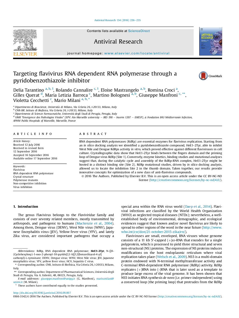 Targeting flavivirus RNA dependent RNA polymerase through a pyridobenzothiazole inhibitor