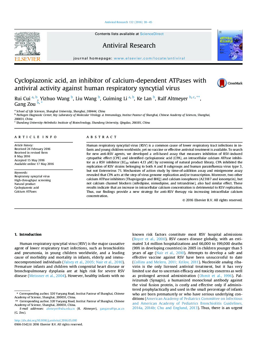 Cyclopiazonic acid, an inhibitor of calcium-dependent ATPases with antiviral activity against human respiratory syncytial virus