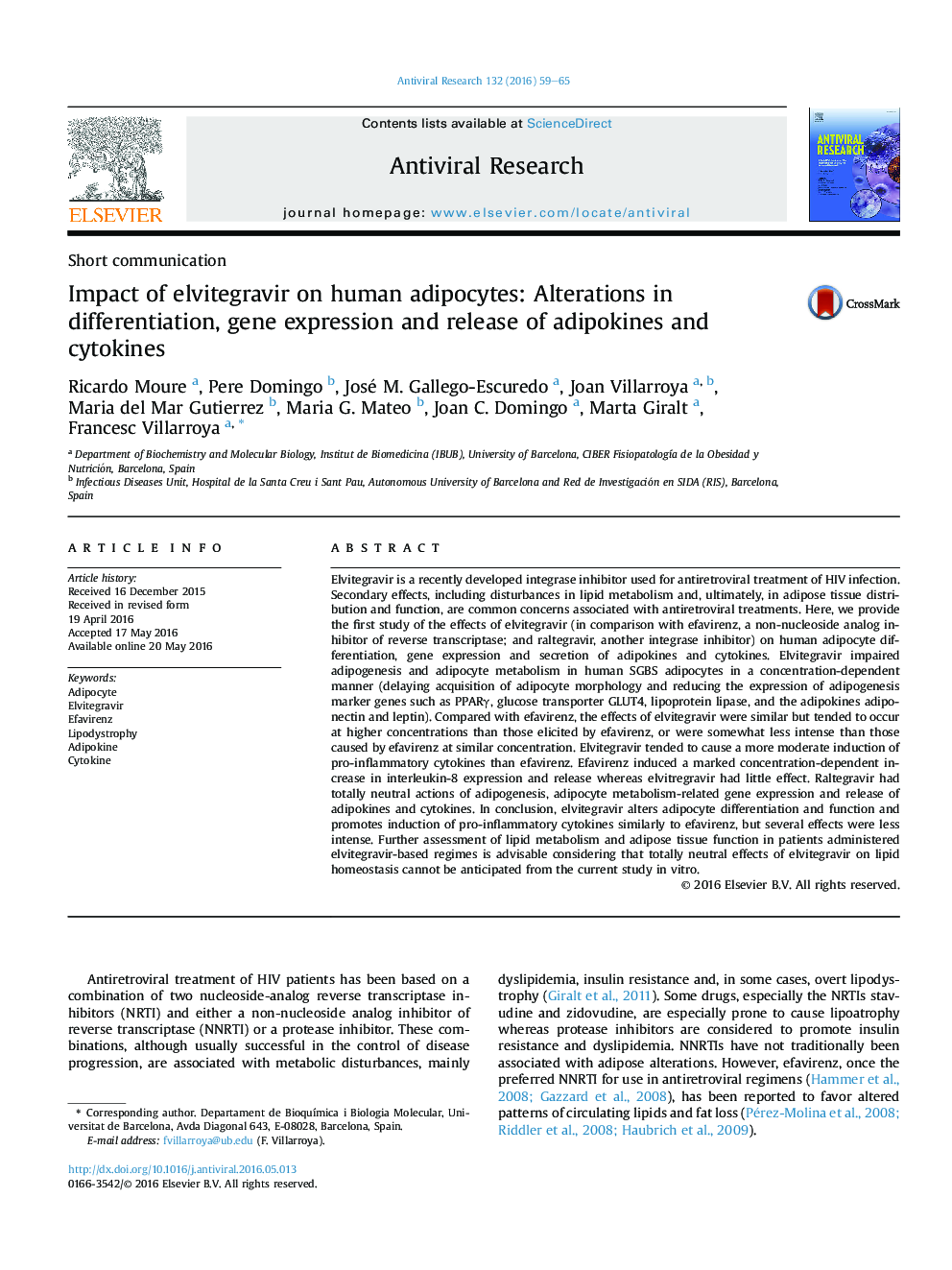 Short communicationImpact of elvitegravir on human adipocytes: Alterations in differentiation, gene expression and release of adipokines and cytokines