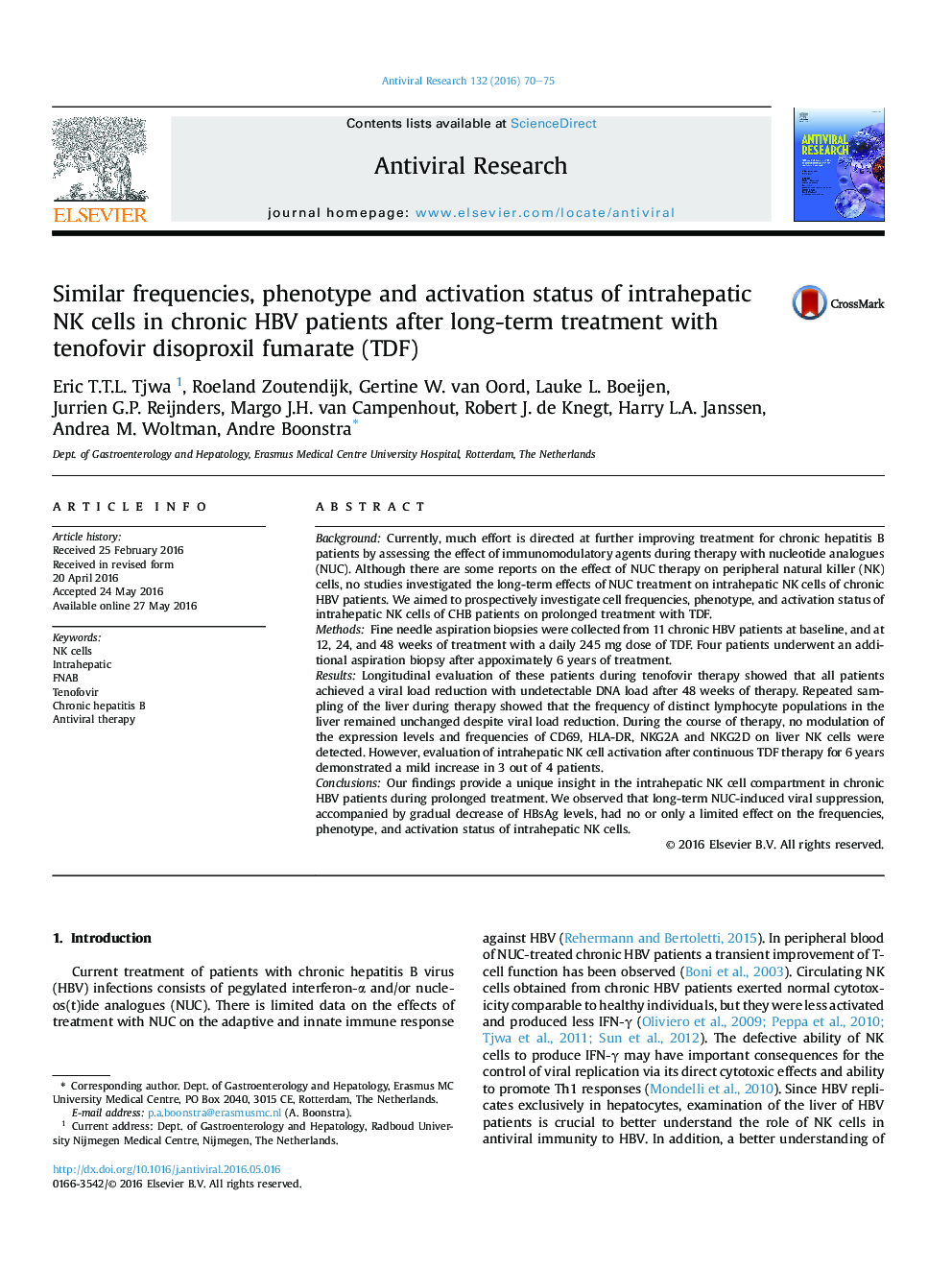 Similar frequencies, phenotype and activation status of intrahepatic NK cells in chronic HBV patients after long-term treatment with tenofovir disoproxil fumarate (TDF)