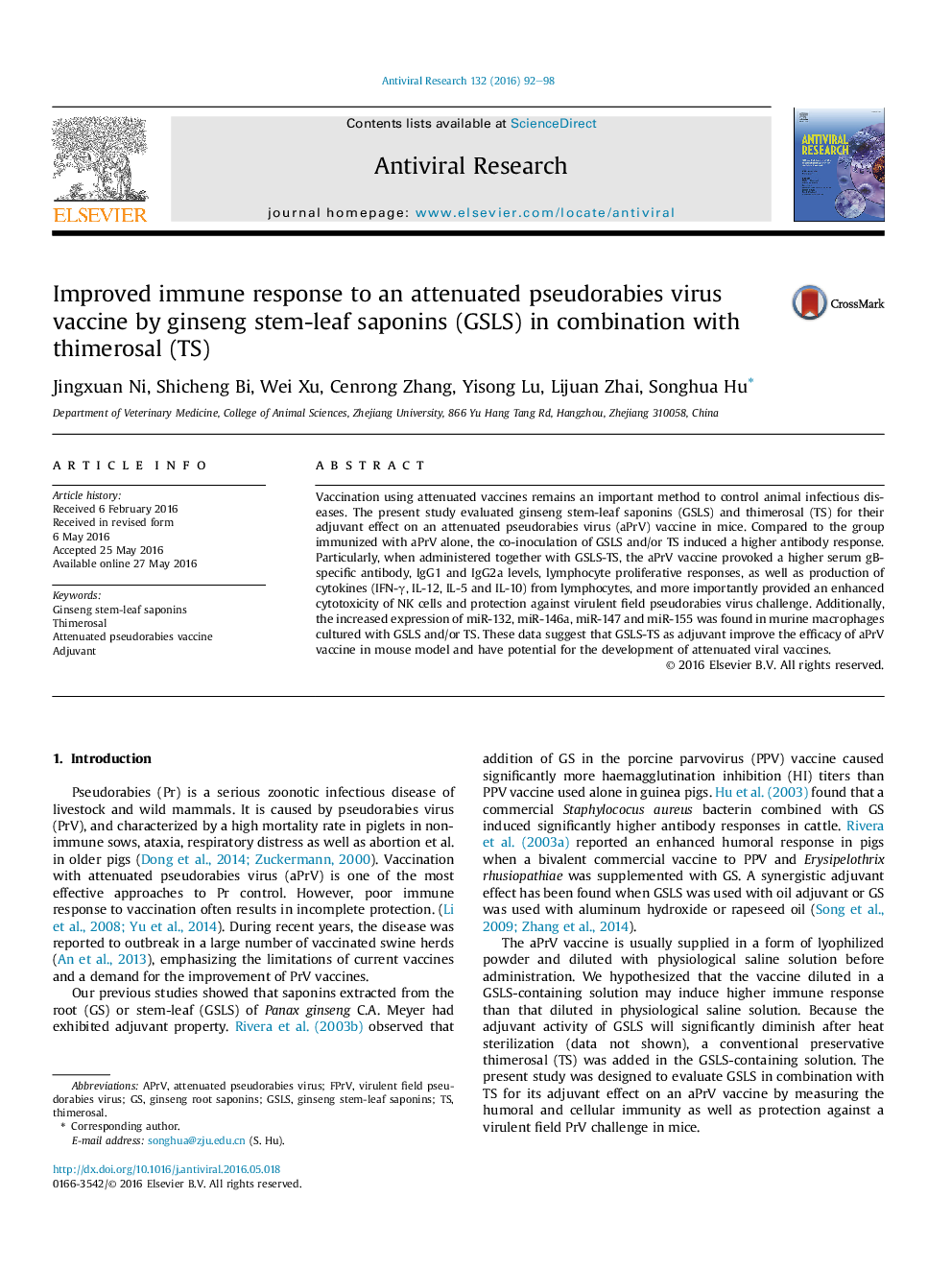 عکس صفحه اول مقاله: Improved immune response to an attenuated pseudorabies virus vaccine by ginseng stem-leaf saponins (GSLS) in combination with thimerosal (TS) Improved immune response to an attenuated pseudorabies virus vaccine by ginseng stem-leaf saponins (GSLS) in combination with thimerosal (TS)