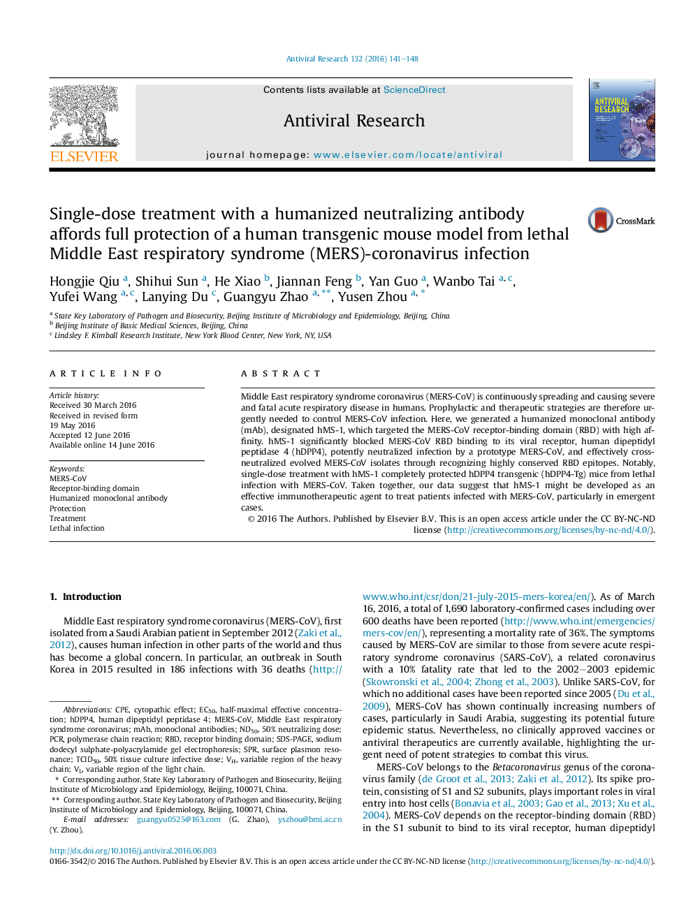 Single-dose treatment with a humanized neutralizing antibody affords full protection of a human transgenic mouse model from lethal Middle East respiratory syndrome (MERS)-coronavirus infection