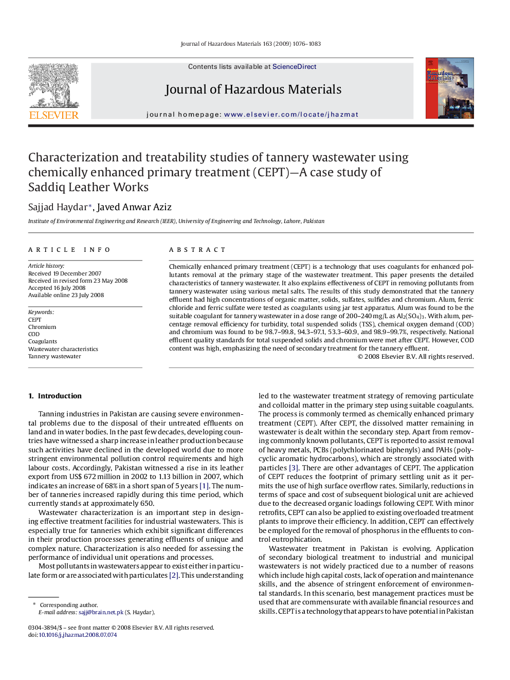 Characterization and treatability studies of tannery wastewater using chemically enhanced primary treatment (CEPT)-A case study of Saddiq Leather Works