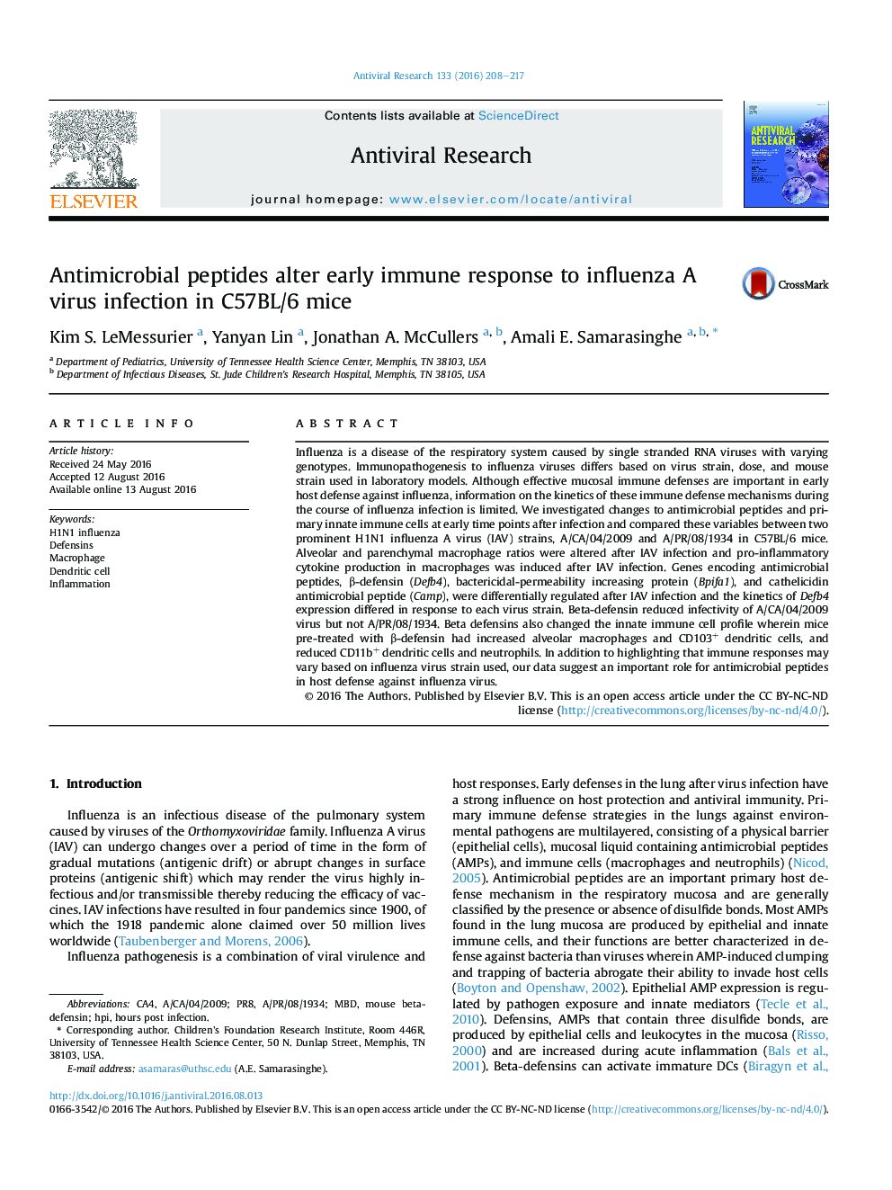 Antimicrobial peptides alter early immune response to influenza A virus infection in C57BL/6 mice