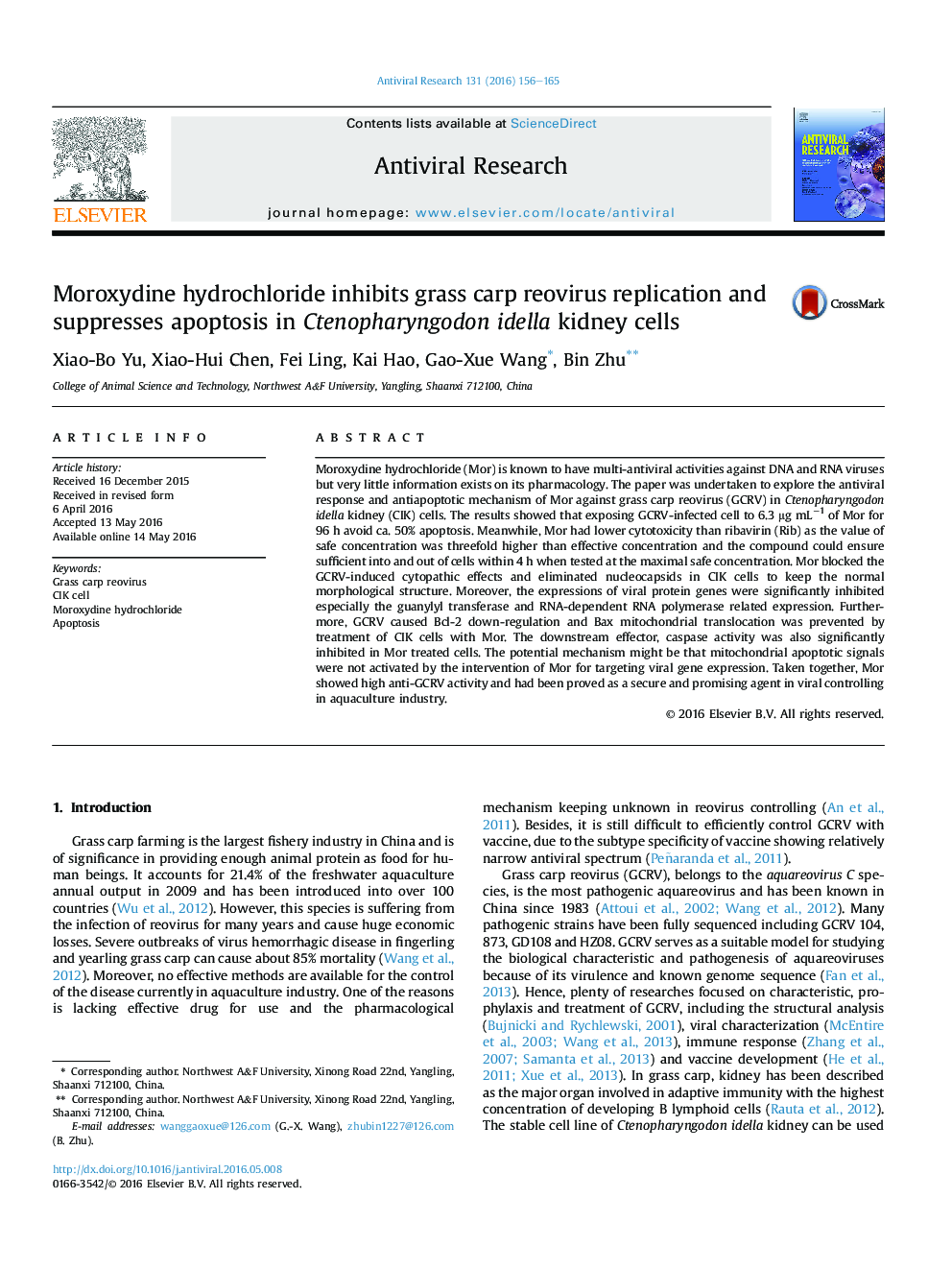 Moroxydine hydrochloride inhibits grass carp reovirus replication and suppresses apoptosis in Ctenopharyngodon idella kidney cells