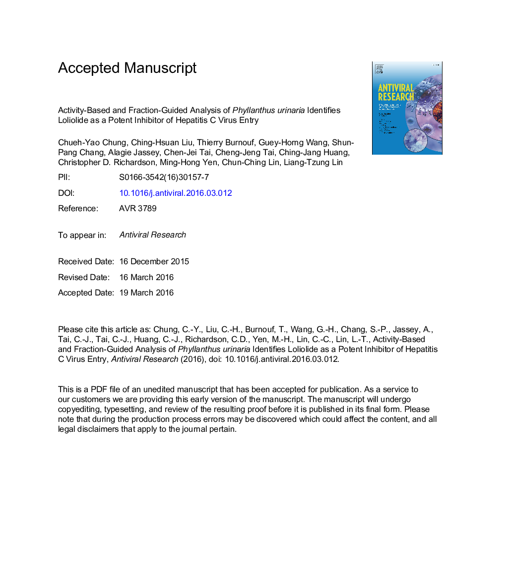 Activity-based and fraction-guided analysis of Phyllanthus urinaria identifies loliolide as a potent inhibitor of hepatitis C virus entry