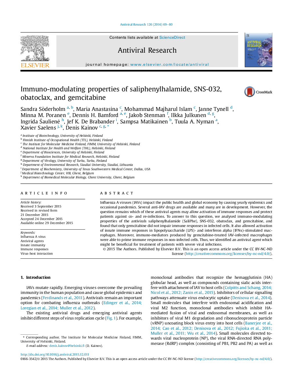 Immuno-modulating properties of saliphenylhalamide, SNS-032, obatoclax, and gemcitabine