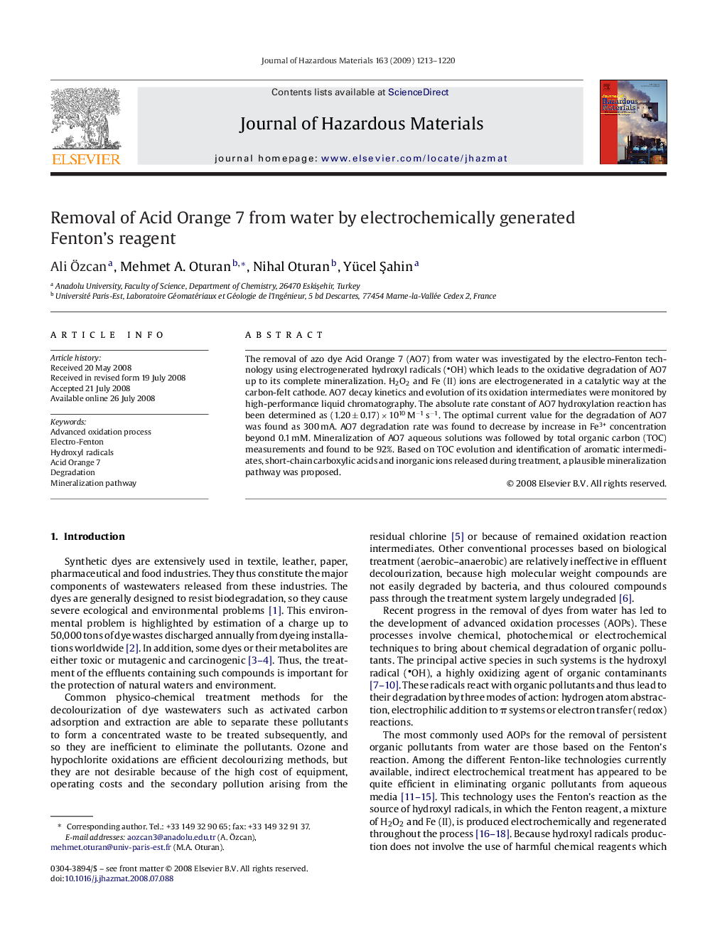 Removal of Acid Orange 7 from water by electrochemically generated Fenton's reagent