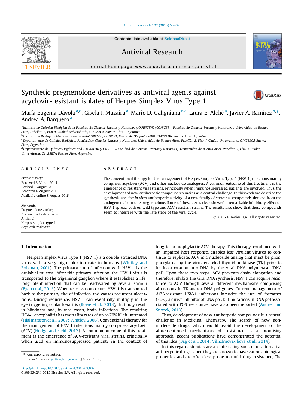 Synthetic pregnenolone derivatives as antiviral agents against acyclovir-resistant isolates of Herpes Simplex Virus Type 1