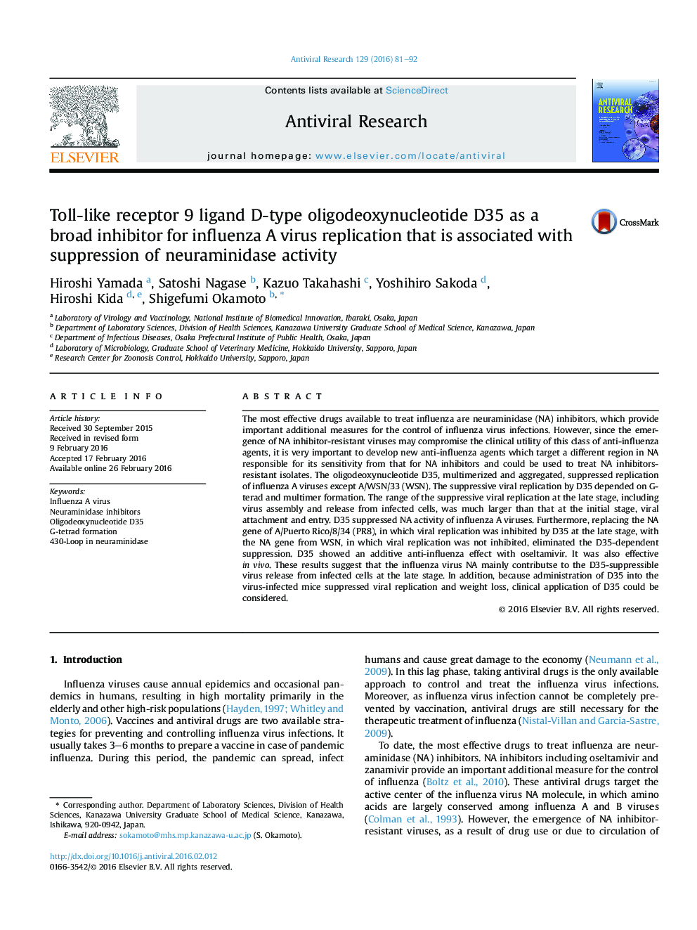 Toll-like receptor 9 ligand D-type oligodeoxynucleotide D35 as a broad inhibitor for influenza A virus replication that is associated with suppression of neuraminidase activity