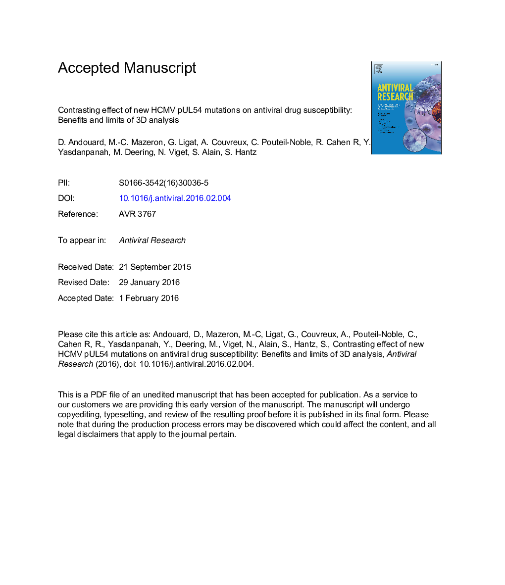 Contrasting effect of new HCMV pUL54 mutations on antiviral drug susceptibility: Benefits and limits of 3D analysis