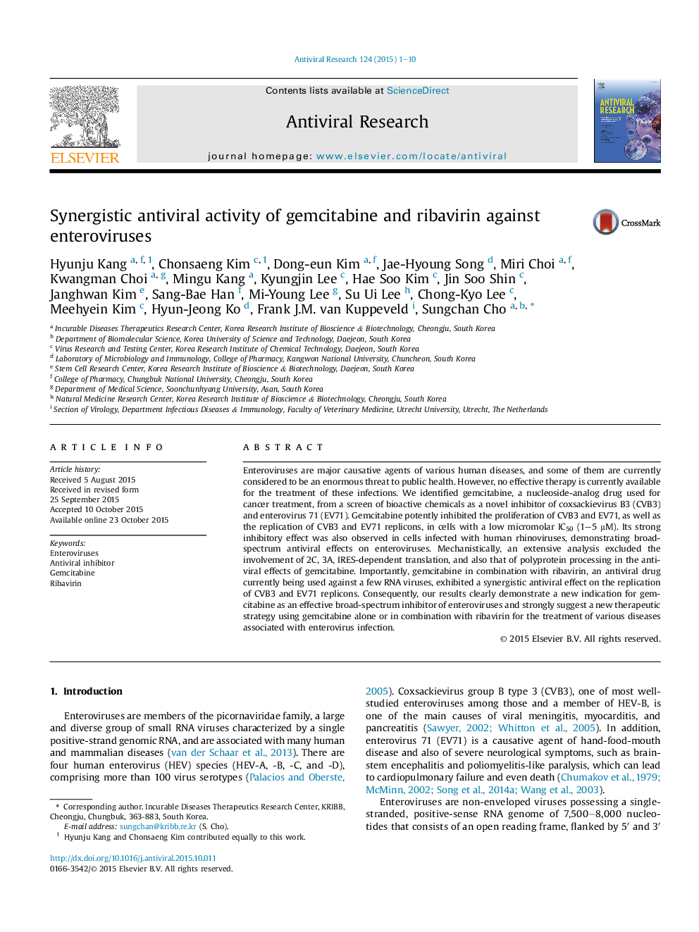 Synergistic antiviral activity of gemcitabine and ribavirin against enteroviruses