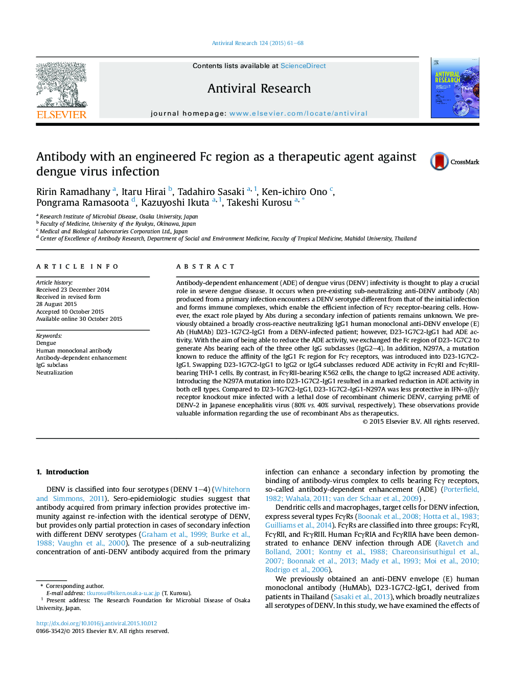 Antibody with an engineered Fc region as a therapeutic agent against dengue virus infection