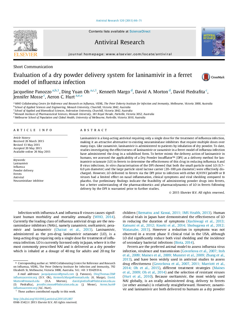 Short CommunicationEvaluation of a dry powder delivery system for laninamivir in a ferret model of influenza infection