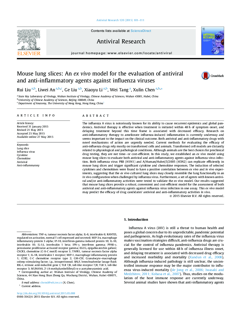 Mouse lung slices: An ex vivo model for the evaluation of antiviral and anti-inflammatory agents against influenza viruses