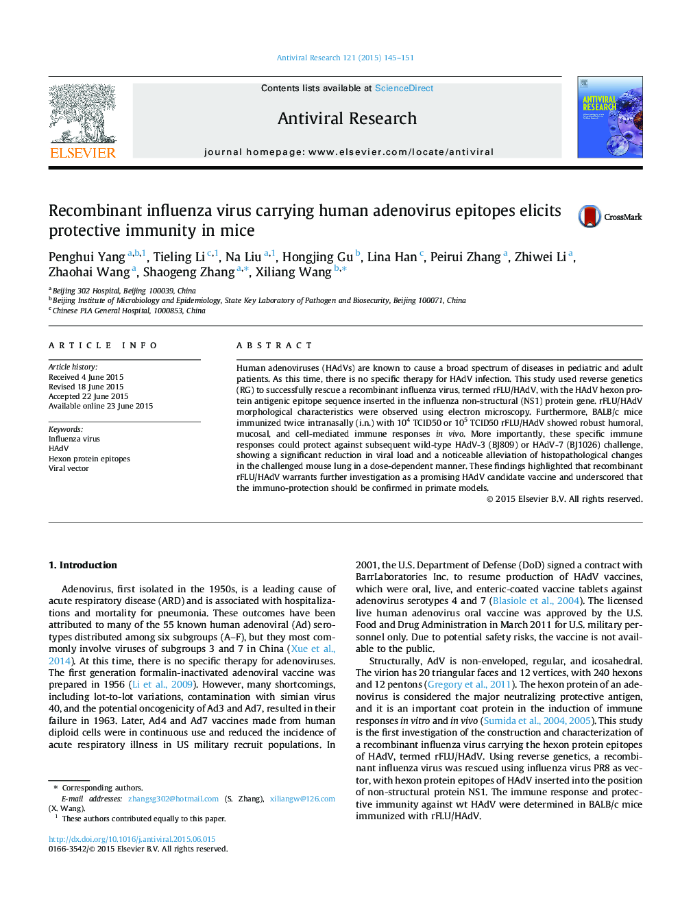 Recombinant influenza virus carrying human adenovirus epitopes elicits protective immunity in mice