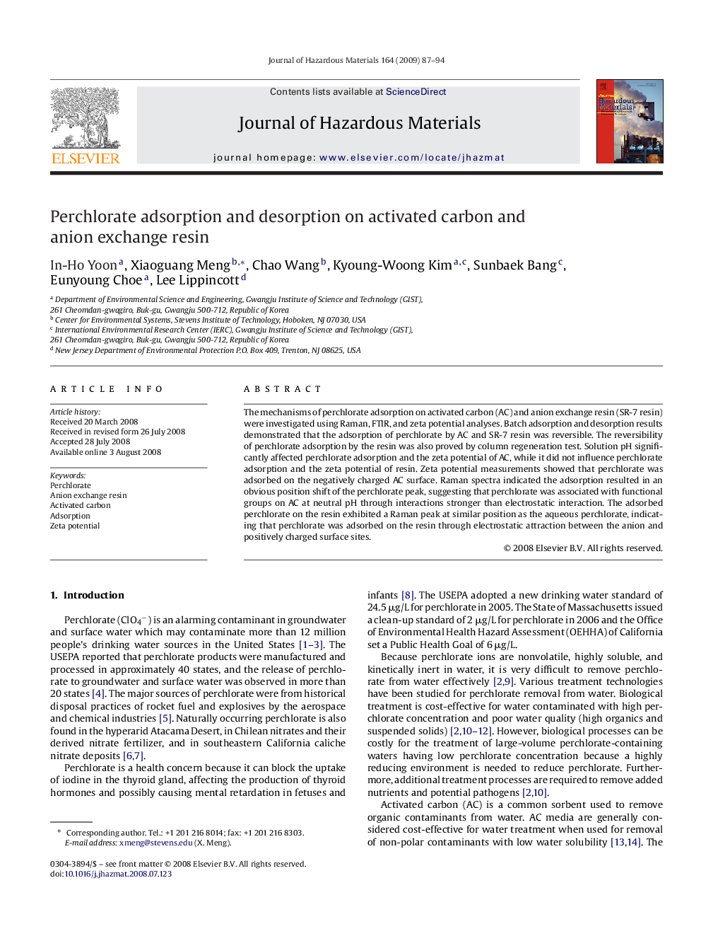 Perchlorate adsorption and desorption on activated carbon and anion exchange resin