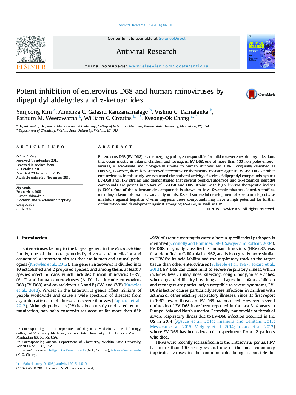 Potent inhibition of enterovirus D68 and human rhinoviruses by dipeptidyl aldehydes and Î±-ketoamides