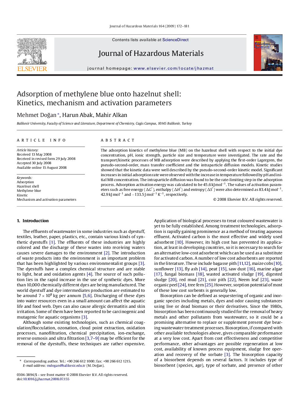 Adsorption of methylene blue onto hazelnut shell: Kinetics, mechanism and activation parameters