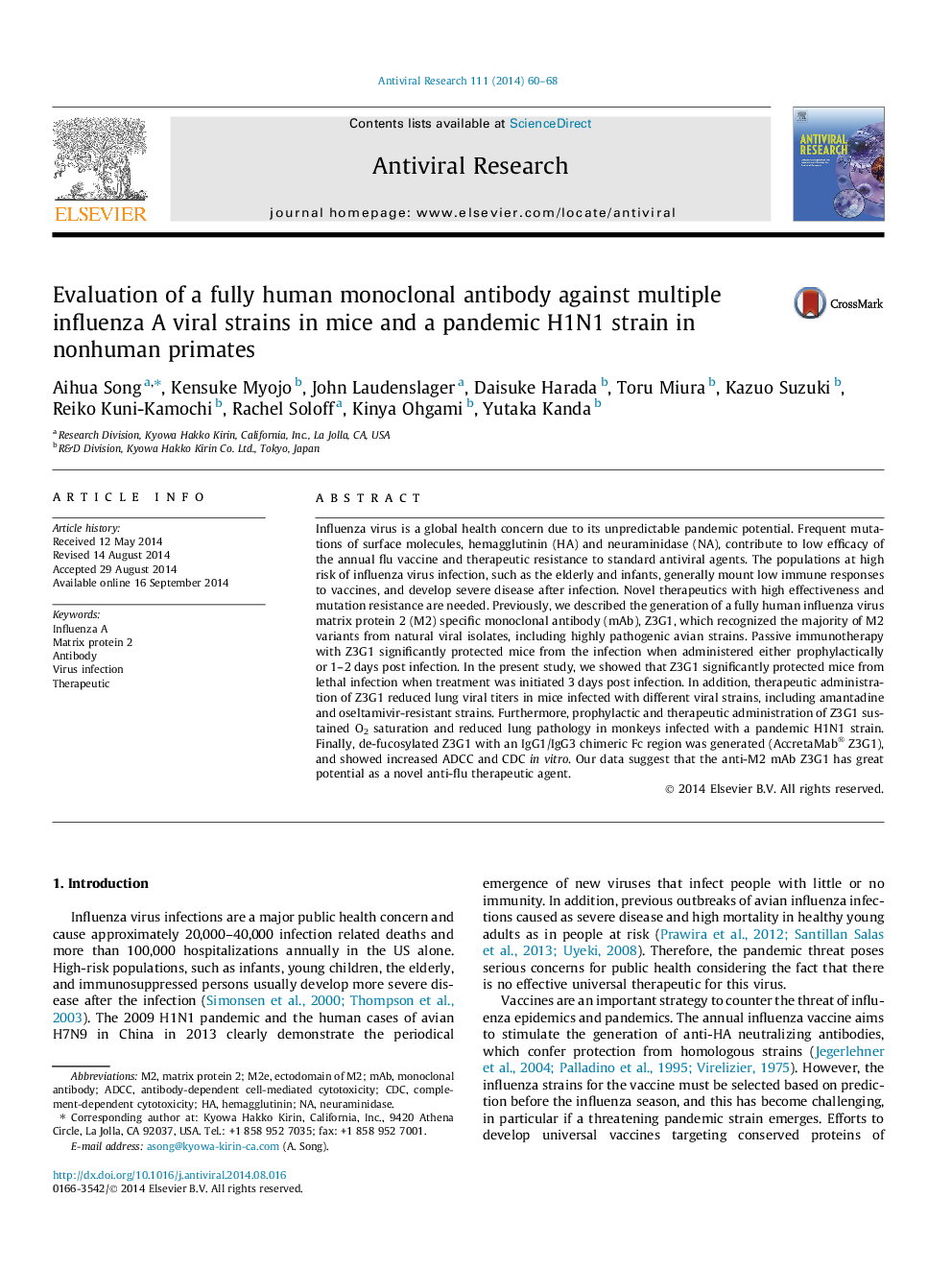 Evaluation of a fully human monoclonal antibody against multiple influenza A viral strains in mice and a pandemic H1N1 strain in nonhuman primates