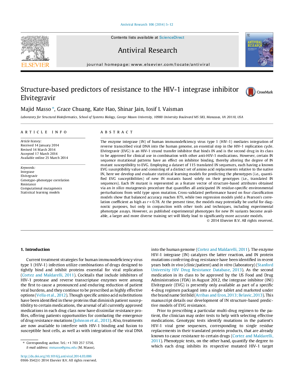 Structure-based predictors of resistance to the HIV-1 integrase inhibitor Elvitegravir