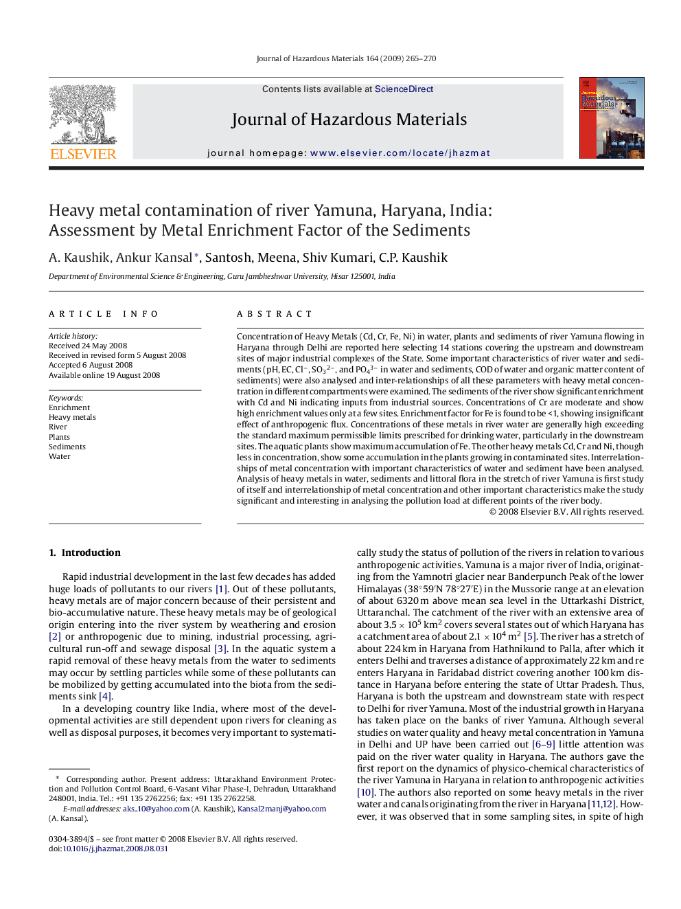 Heavy metal contamination of river Yamuna, Haryana, India: Assessment by Metal Enrichment Factor of the Sediments