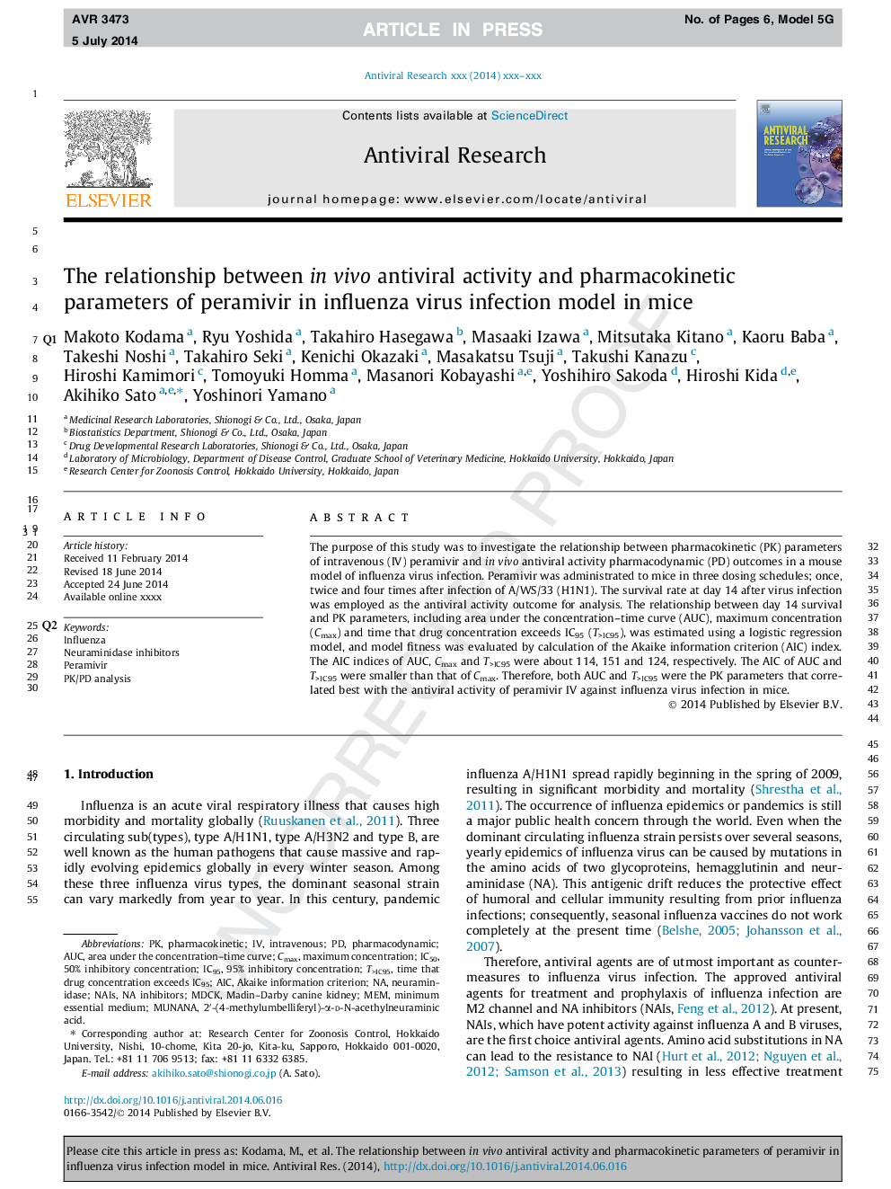 The relationship between in vivo antiviral activity and pharmacokinetic parameters of peramivir in influenza virus infection model in mice