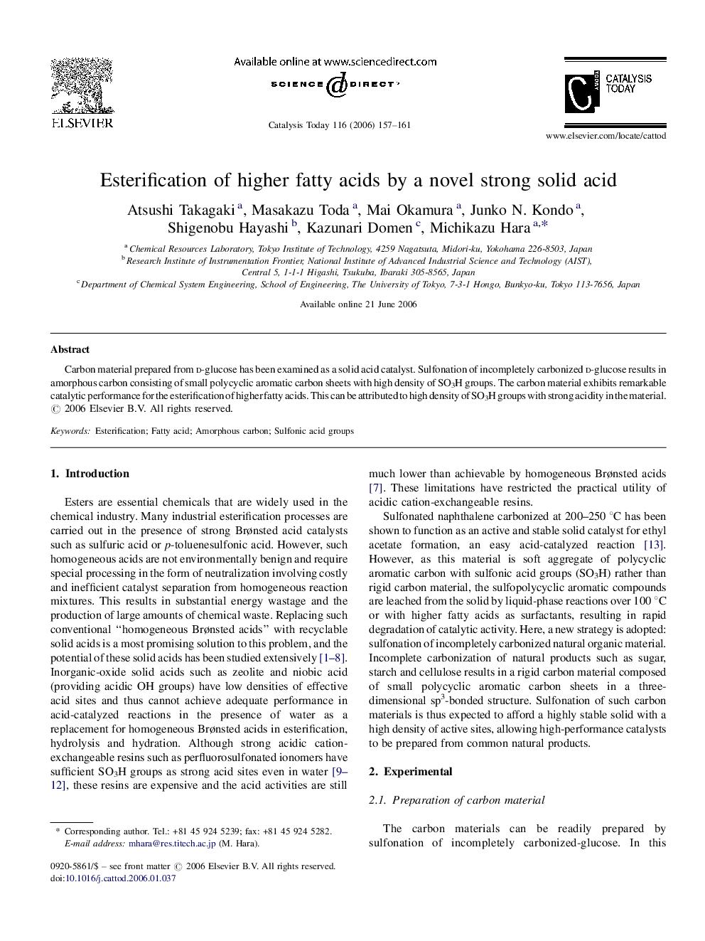 Esterification of higher fatty acids by a novel strong solid acid