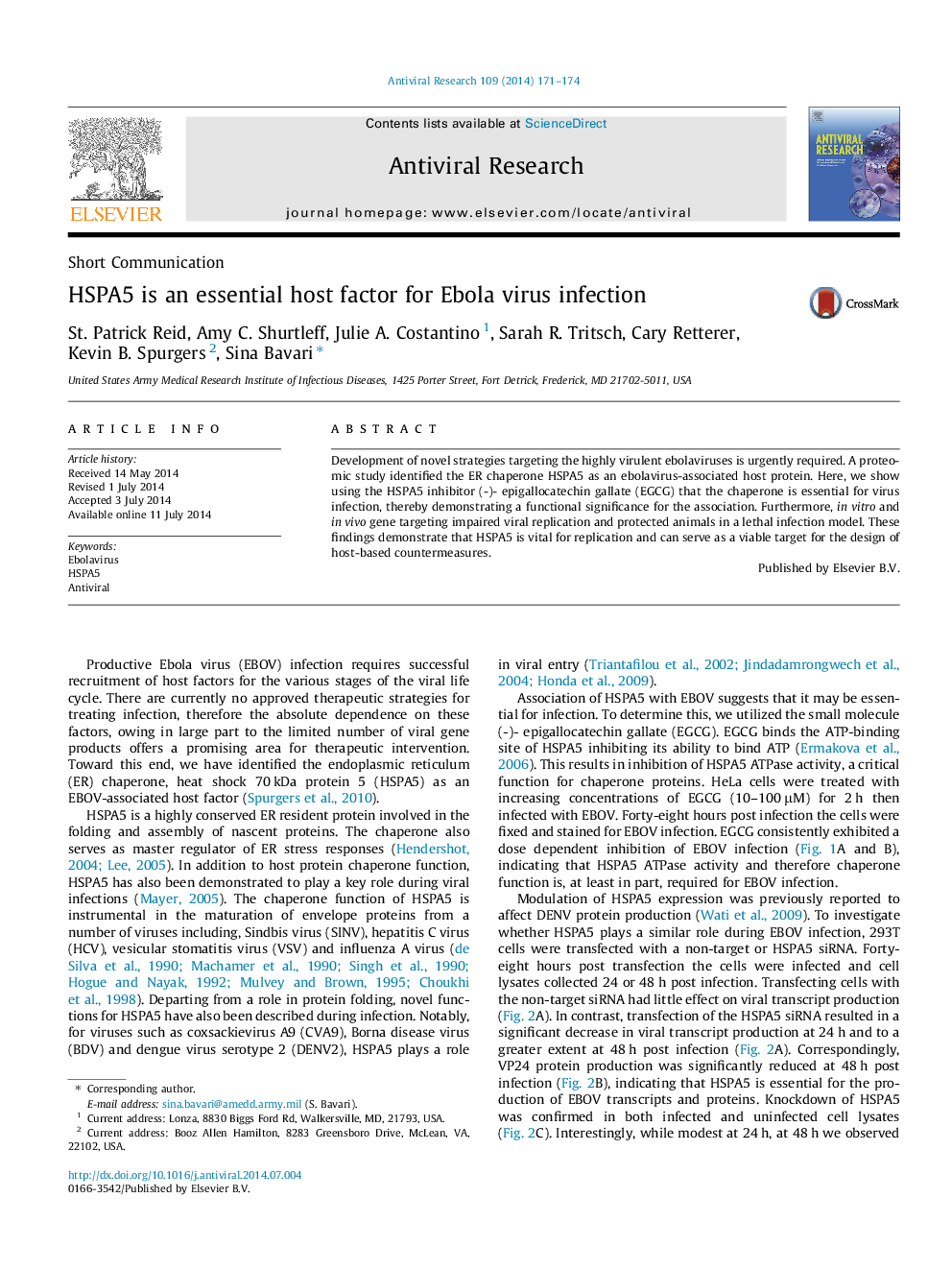 Short CommunicationHSPA5 is an essential host factor for Ebola virus infection