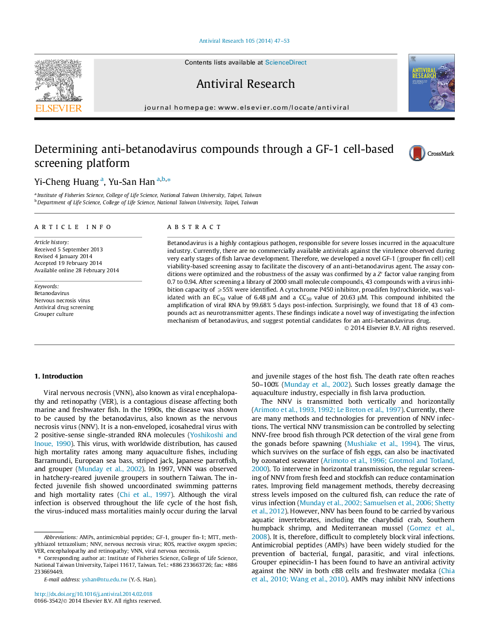 Determining anti-betanodavirus compounds through a GF-1 cell-based screening platform