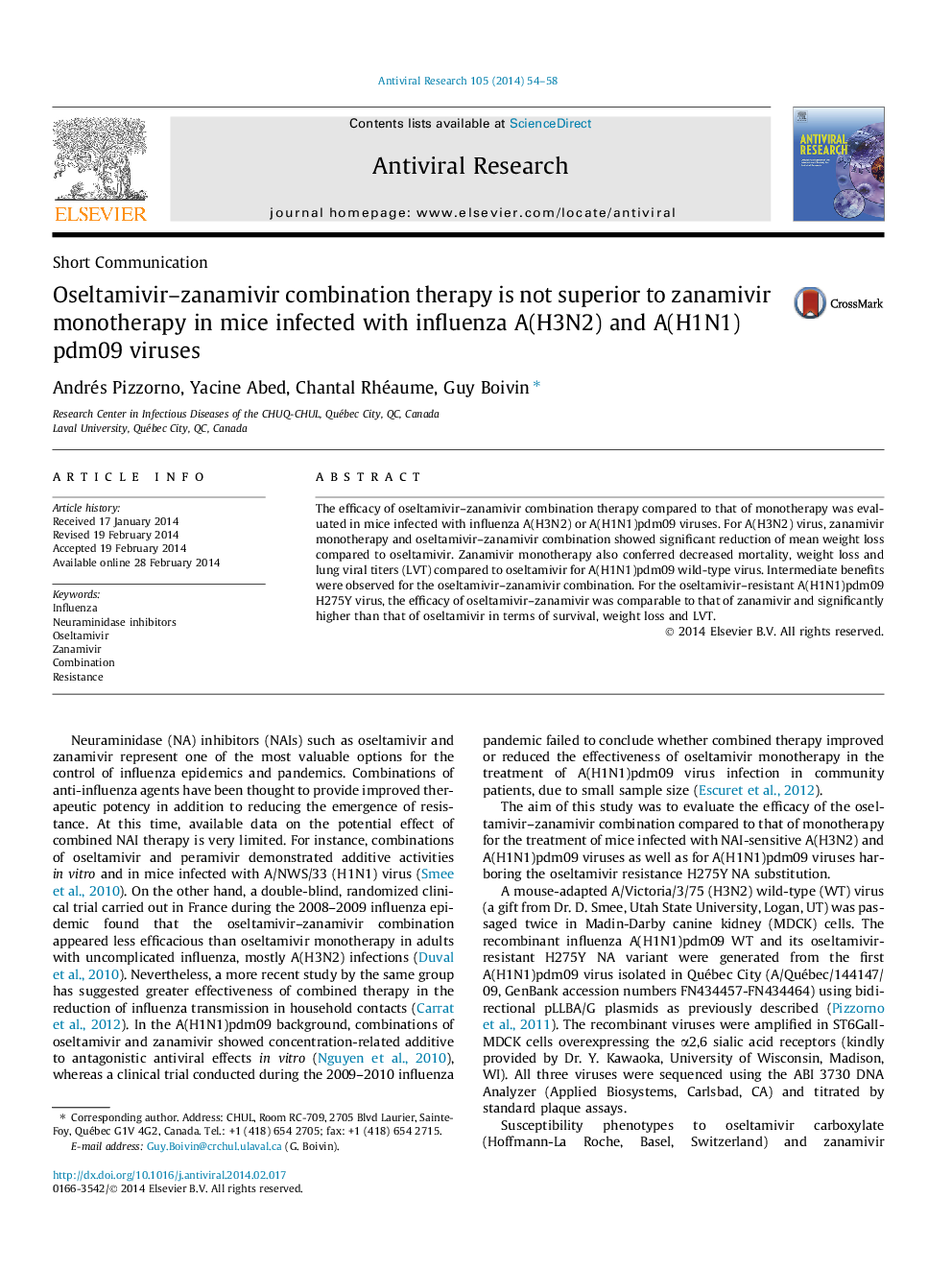 Oseltamivir-zanamivir combination therapy is not superior to zanamivir monotherapy in mice infected with influenza A(H3N2) and A(H1N1)pdm09 viruses