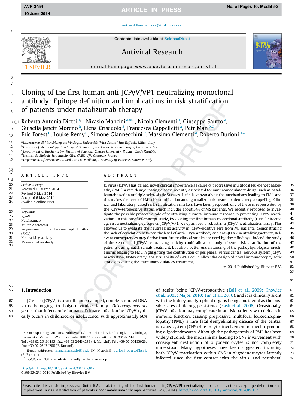 Cloning of the first human anti-JCPyV/VP1 neutralizing monoclonal antibody: Epitope definition and implications in risk stratification of patients under natalizumab therapy