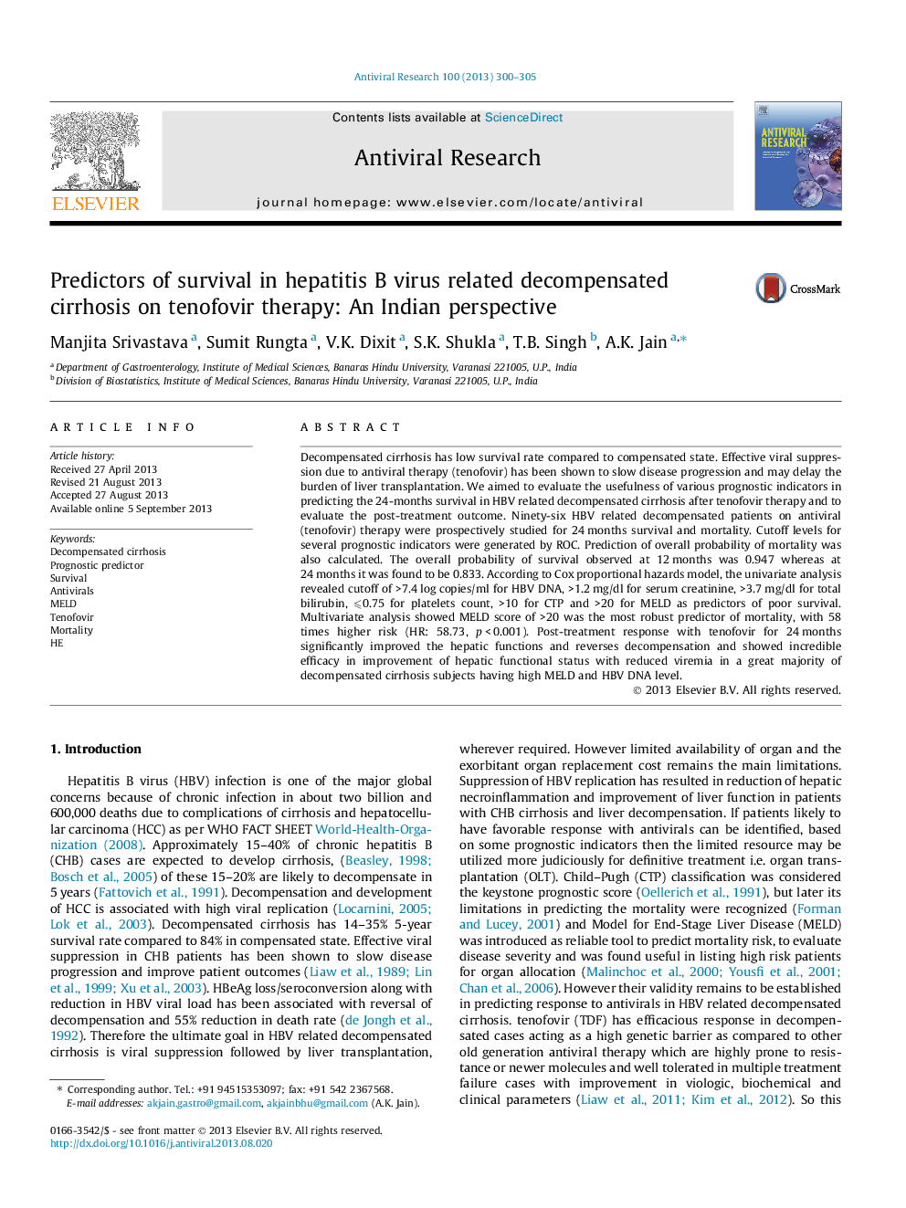 Predictors of survival in hepatitis B virus related decompensated cirrhosis on tenofovir therapy: An Indian perspective