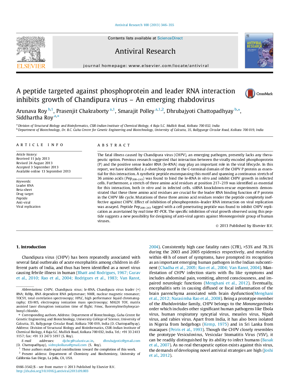 A peptide targeted against phosphoprotein and leader RNA interaction inhibits growth of Chandipura virus - An emerging rhabdovirus