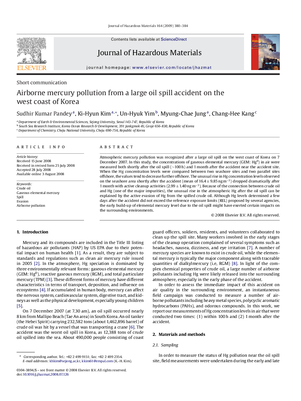 Airborne mercury pollution from a large oil spill accident on the west coast of Korea