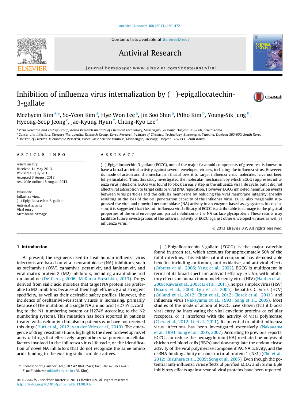 Inhibition of influenza virus internalization by (â)-epigallocatechin-3-gallate