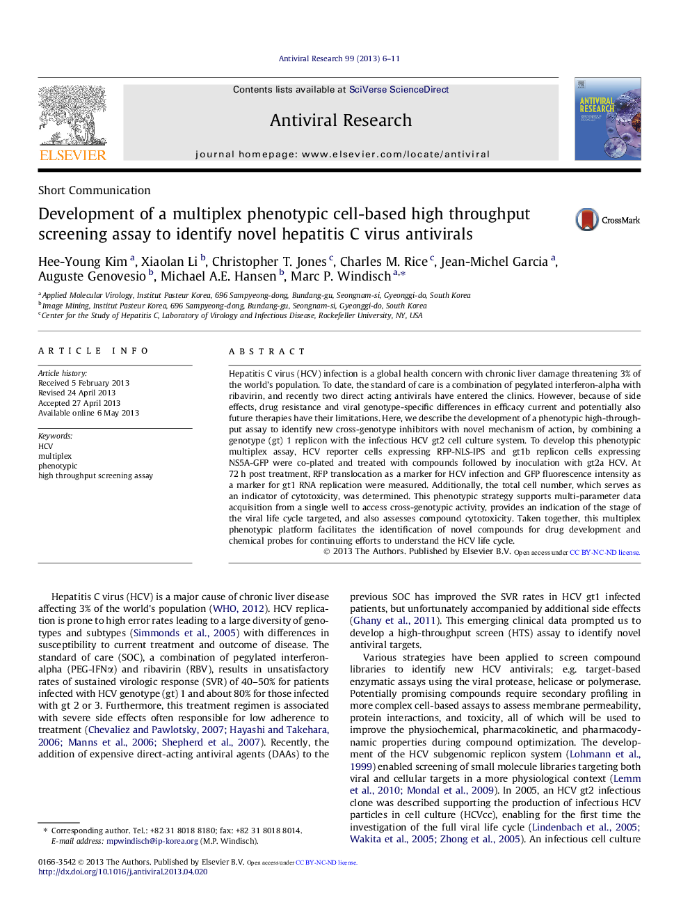 Short CommunicationDevelopment of a multiplex phenotypic cell-based high throughput screening assay to identify novel hepatitis C virus antivirals