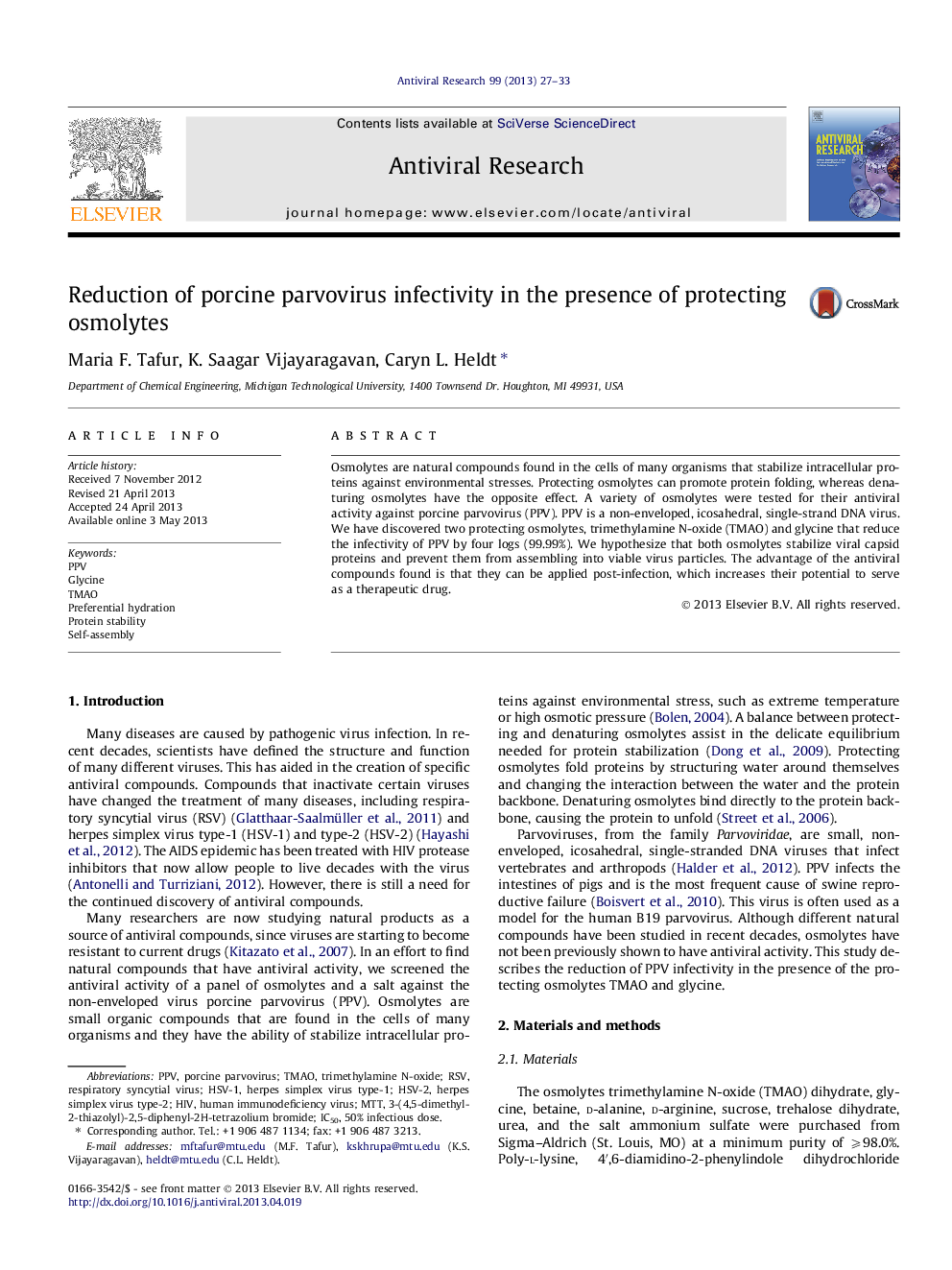 Reduction of porcine parvovirus infectivity in the presence of protecting osmolytes